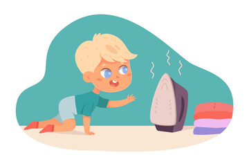Baby boy playing with iron, careless kid crawling to play and touch hot burning surface