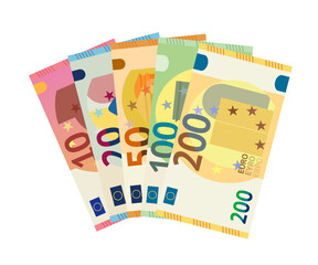 Euro paper money fan, banknotes stack of different denomination, 10 20 50 100 200 euros