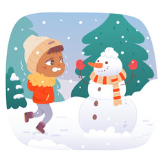 Child feeling shiver and tremble in winter weather, guy in warm clothes making snowman
