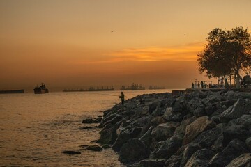 Lone fisherman during the sunset in Istanbul 