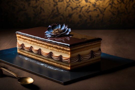 french opera cake in a parisian patisserie 