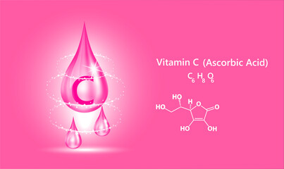 Icon structure vitamin C drop water collagen dark pink. 3D Realistic Vector. Medical and scientific. Beauty treatment nutrition skin care design. Solution complex with Chemical formula nature.