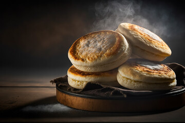 a stack of steaming english muffins fresh out of the oven