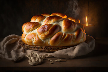 freshly baked sweet challah bread on a wooden plate