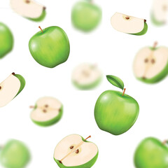 3d green apple, realistic juice. Summer delicious food, nature leaf, color fruit plants, tropical healthy diet. Fresh products backdrop. Unfocused blur elements. Vector isolated background