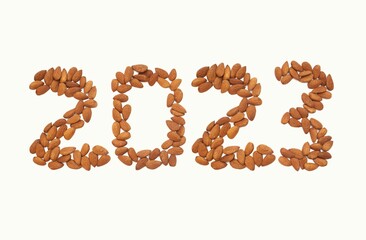 2023 Written with Almond Nut Isolated on White Background in Horizontal Orientation, Happy New Year 2023 Wishing Conceptual Photo