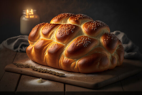 freshly baked sweet challah bread on a wooden plate