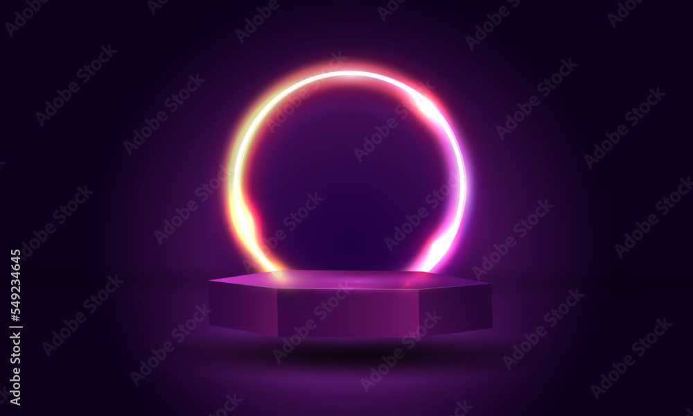 Poster 3d light neon podium. cyberpunk exhibition showcase. empty blue platform or product scene. glowing r