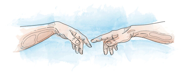 Michelangelo god hand, adam creation. Sistine chapel, renaissance touch, bible scene. Religious story. Watercolor and line drawing. Human arms and finger gesture. Vector art background