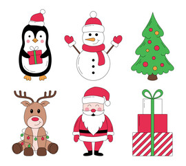 Christmas collection of cute characters and elements. Santa Claus, reindeer, penguin, snowman, tree, gift boxes. Vector illustration