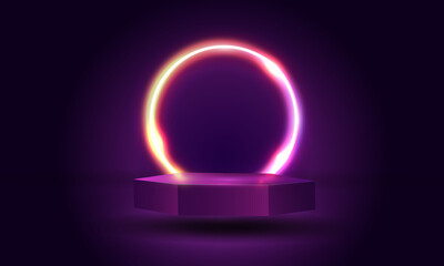 3D light neon podium. Cyberpunk exhibition showcase. Empty blue platform or product scene. Glowing ring. Purple gradient illuminated circle. Cylinder platform. Vector realistic background