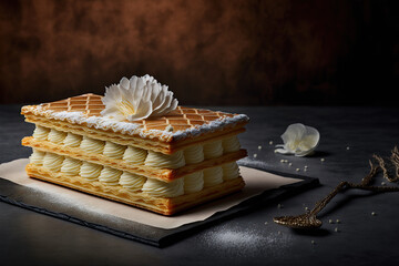 Mille feuille french layered cake in a parisian patisserie  - obrazy, fototapety, plakaty