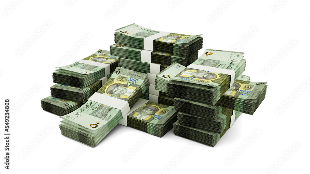 Poster stack of omani rial notes. 3d rendering of bundles of banknotes
