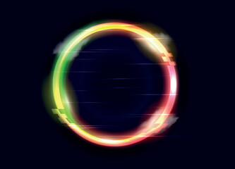Neon circle. Led light ring shape. Glitch effect and smoke. Music concert. Minimal texture advert sign. Luminous element. Colorful gradient line form. Vector illustration background