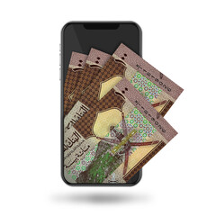 3d Illustration of Omani baisa notes inside mobile phone