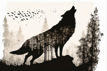 AI generated image of a howling wolf double-exposed against a forest background 