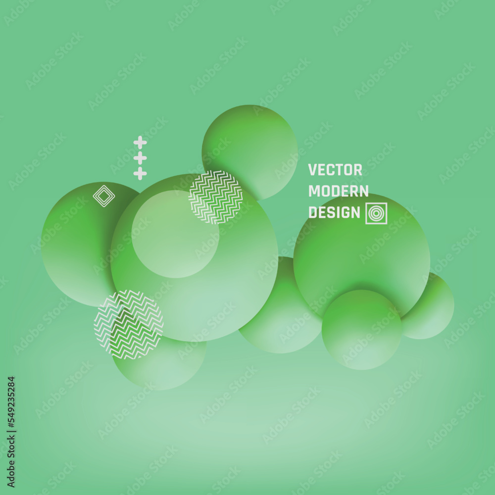 Poster 3d circle spheres, abstract green molecules. science background, chemistry bubbles, innovation chemi