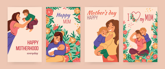 Fototapeta premium Mother Day. Spring flowers. Happy mom hugging children. Greeting cards set with nature bouquet. Birthday baby in hands. Parent and kid love. Blooming plants. Vector frame background