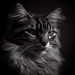 a cat or kitty maine coon or mainecoon with long hair looking at the camera with a black background and a white collared cat with long whiskers., generative ai