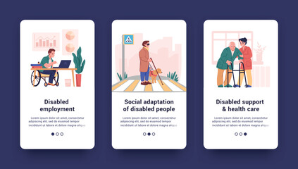 Diversity people inclusion. Handicapped people employment. Help in job. Disabled person in wheelchair. Office and education support. Web page interface design. Vector illustrations set