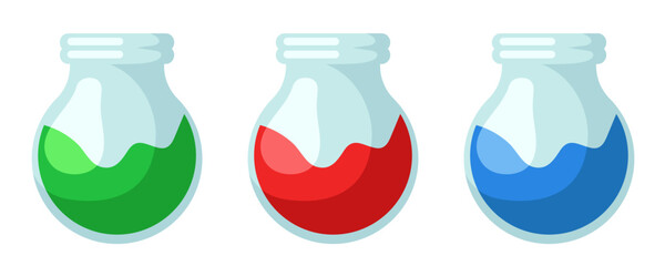 Potion bottle set. Elixir of health or mana. Icons for video games. Vector clipart. A bottle of colorful potion.