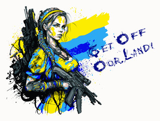 Ukrainian girl soldier defender. Stop the war in Ukraine concept, defense of Ukraine.  illustration.