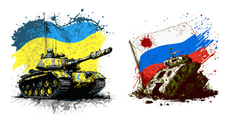 Ukrainian tank with a flag attacked and destroyed Russian tank. Protecting Ukraine from Russian invasion. Russia is losing in the war with Ukraine