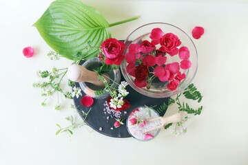 Rose flowers, sea salt, petals, rose water, spa, body care, natural ingredients, alternative medicine