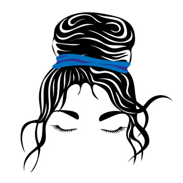 Silhouette of a girl face with messy hair in a bun and long eyelashes. Female hairstyle. Vector illustration