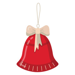 Christmas toy red bell with a beige bow on a string. Vector Christmas illustration.