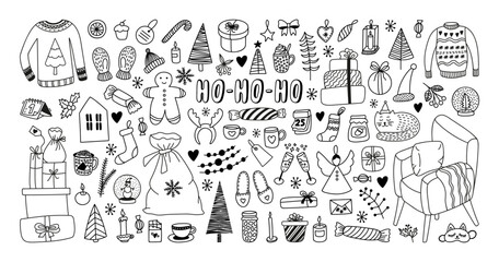 Big set of New Year and Xmas clipart. Hand drawn doodle vector illustrations