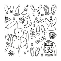 Cozy home Christmas clipart set. Armchair, slippers, cup, ugly sweater, angel. Hand drawn doodles