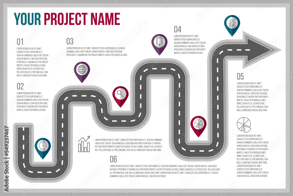 Poster road map. timeline infographic design. project path. journey way. graphic line chart. plan sequence 