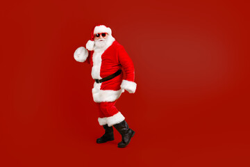 Full length body size view of his he nice funny cheerful cheery fat white-haired Santa St Nicholas dancing having fun Eve Noel tradition isolated bright vivid shine vibrant yellow color background