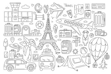 Travel doodles. Summer holiday line icons. Hand drawn sketch. Vacation world trip. Transport to hotel. Suitcase and backpack. Hiking tourism. Airport and plane. Vector recent signs set