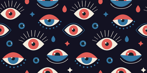 Turkish eye pattern. Trendy magic background. Ethnic hand symbol. Vintage Greece art ornament. Abstract sketch print. Tears and eyeballs with eyelashes. Vector seamless recent texture