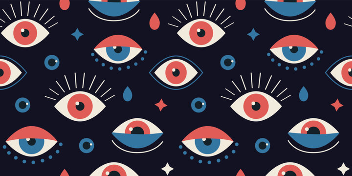 Turkish eye pattern. Trendy magic background. Ethnic hand symbol. Vintage Greece art ornament. Abstract sketch print. Tears and eyeballs with eyelashes. Vector seamless recent texture