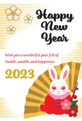 Cute Kimono Bunny Happy New Year 2023 Greeting Card with Japanese Traditional Fan, Plum Flowers