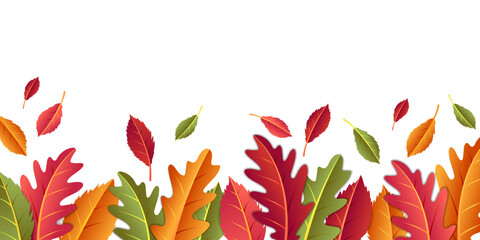 Autumn leaves banner, fall frame isolated on white. Beautiful thanksgiving festive, sale header or border, yellow and orange foliage. Season poster. Vector design garish nature background