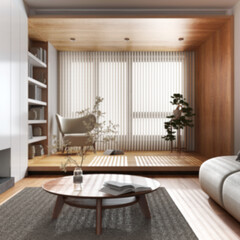 Blurred background, japandi wooden living room. Sofa, armchair and decors. Parquet floor and bookshelf. Minimalist modern interior design