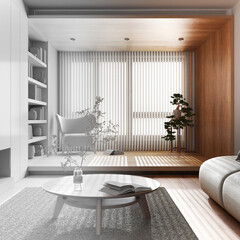 Architect interior designer concept: hand-drawn draft unfinished project that becomes real, japandi wooden living room. Sofa, armchair and decors. Minimalist modern style