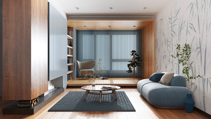 Fototapeta premium Minimalist wooden living room in white and blue tones. Fabric sofa and fireplace. Wallpaper and parquet floor. Japandi interior design
