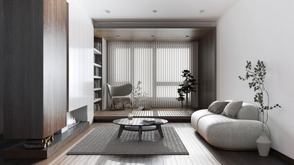 Minimalist wooden living room in white and dark tones. Fabric sofa and fireplace. Wallpaper and parquet floor. Japandi interior design