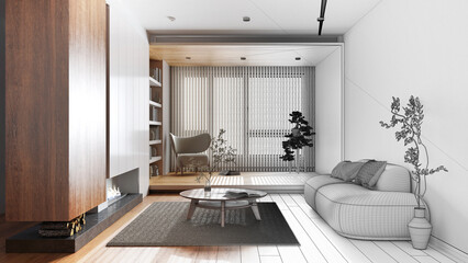 Architect interior designer concept: hand-drawn draft unfinished project that becomes real, minimalist wooden living room. Fabric sofa and fireplace. Japandi style