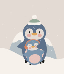Cartoon poster with a cute penguin and baby. Vector illustration. For kids stuff, card, posters, banners, children books, printing on the pack, printing on clothes, fabric, wallpaper, textile.