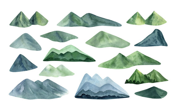 Hand drawn watercolor summer blue and green mountains