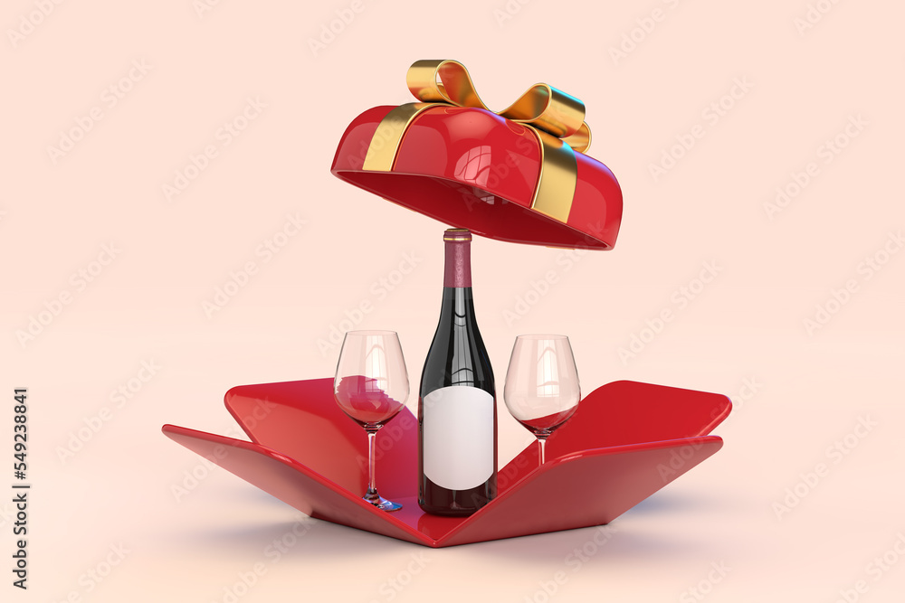 Poster Two Glasses and Wine Bottle With Blank Label Mockup for Your Design in Opened Red Gift Box with Golden Ribbon. 3d Rendering