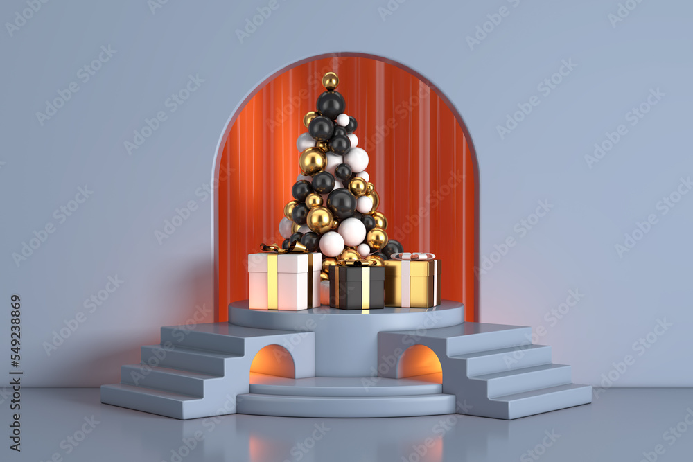 Leinwandbilder golden balls in shape of christmas tree and gift boxes on the blue cylinder promotion stand podium w