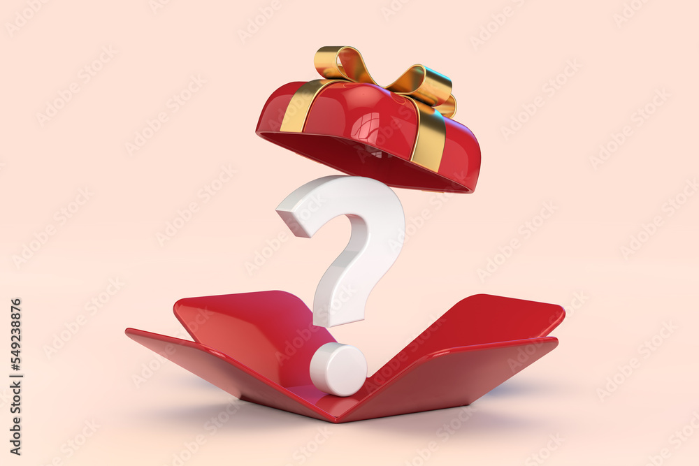 Poster white question mark in opened red gift box with golden ribbon. 3d rendering