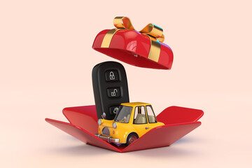 Car Alarm Remote Control with Yellow Cartoon Car in Opened Red Gift Box with Golden Ribbon. 3d Rendering - obrazy, fototapety, plakaty